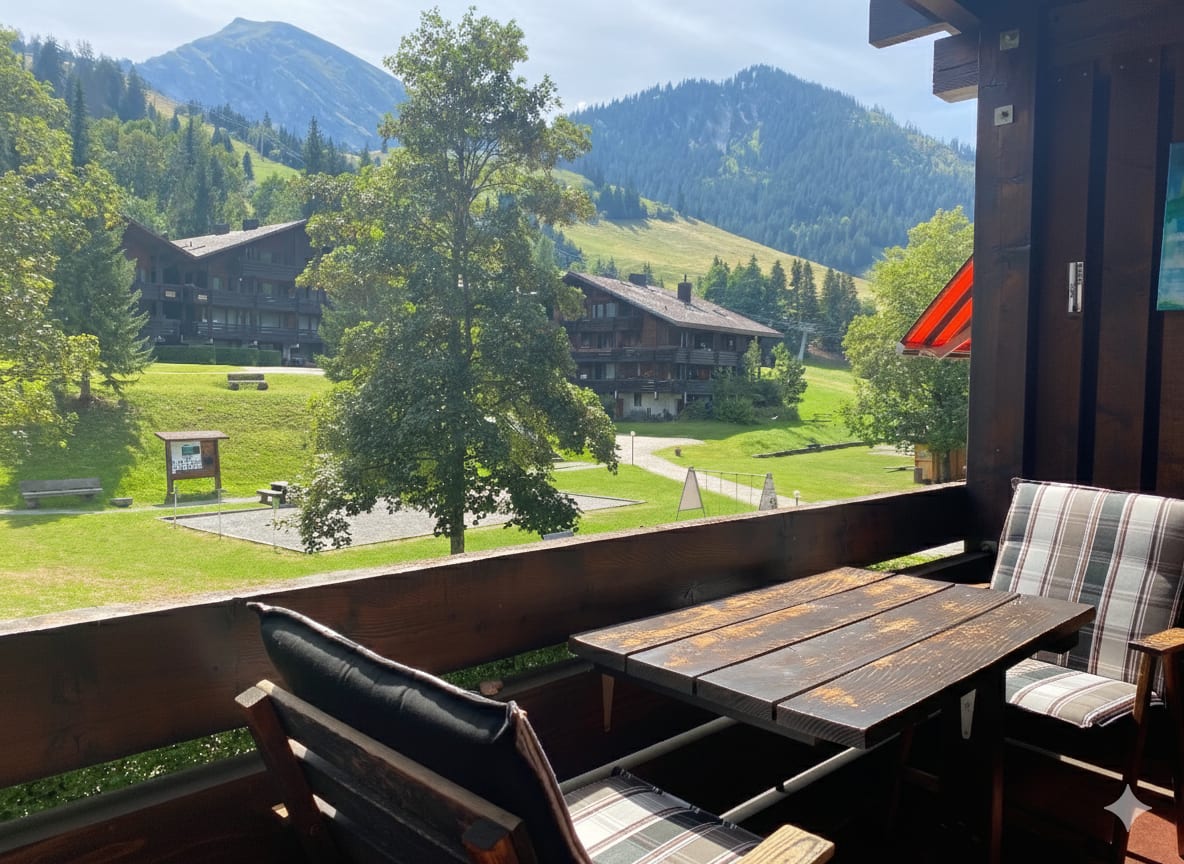 Blick vom Balkon auf Berge